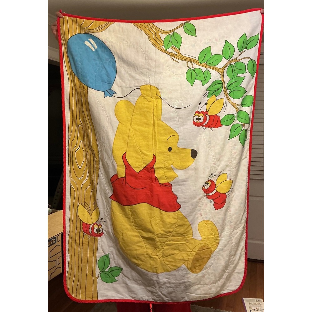 VTG 80s Disney Winnie the Pooh Quilted Baby Blanket Sears Roebuck Bees Floral